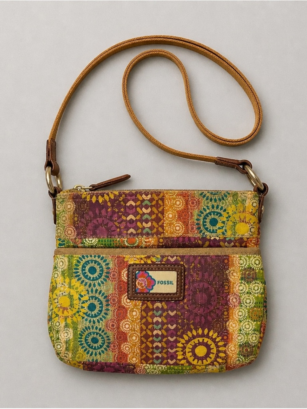 Fossil Multicolor Floral Patchwork Crossbody Bag with Tan Strap